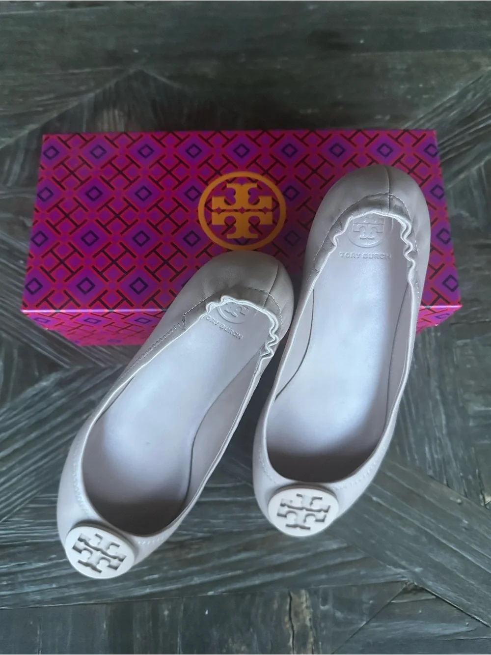 Tory Burch Minnie Travel Blush Leather Logo Ballet Flats Size 8